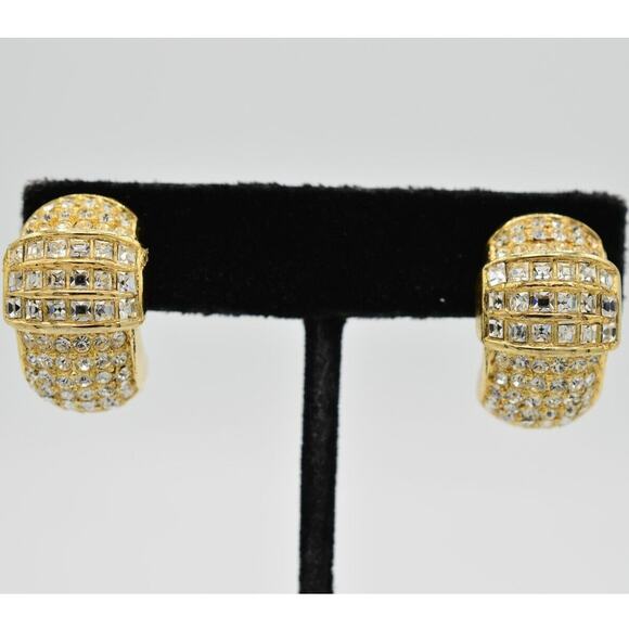 Christian Dior Vintage Crystal Clip On Earrings Gold Square Signed NOS 80s BinC - Picture 1 of 12